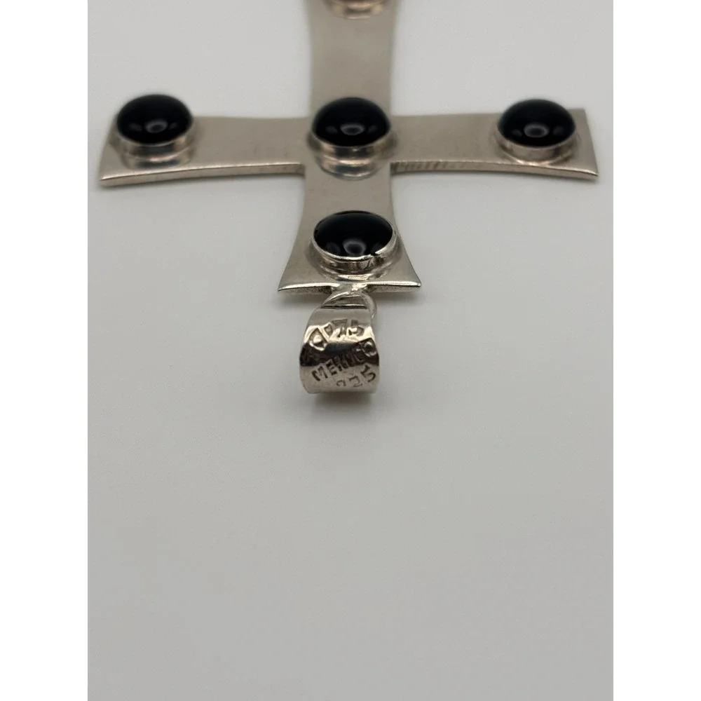 Large VTG Taxco Mexico 925 Sterling Silver 925 Black Onyx Cross Pendant